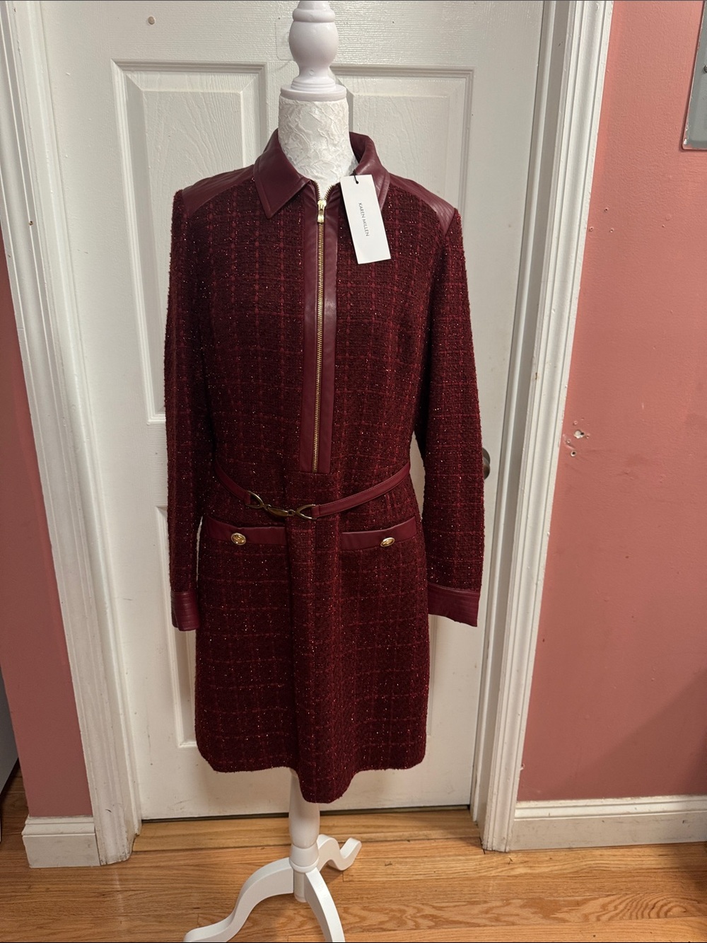 Karen Millen Burgundy Tweed Zip-Front Dress NWT